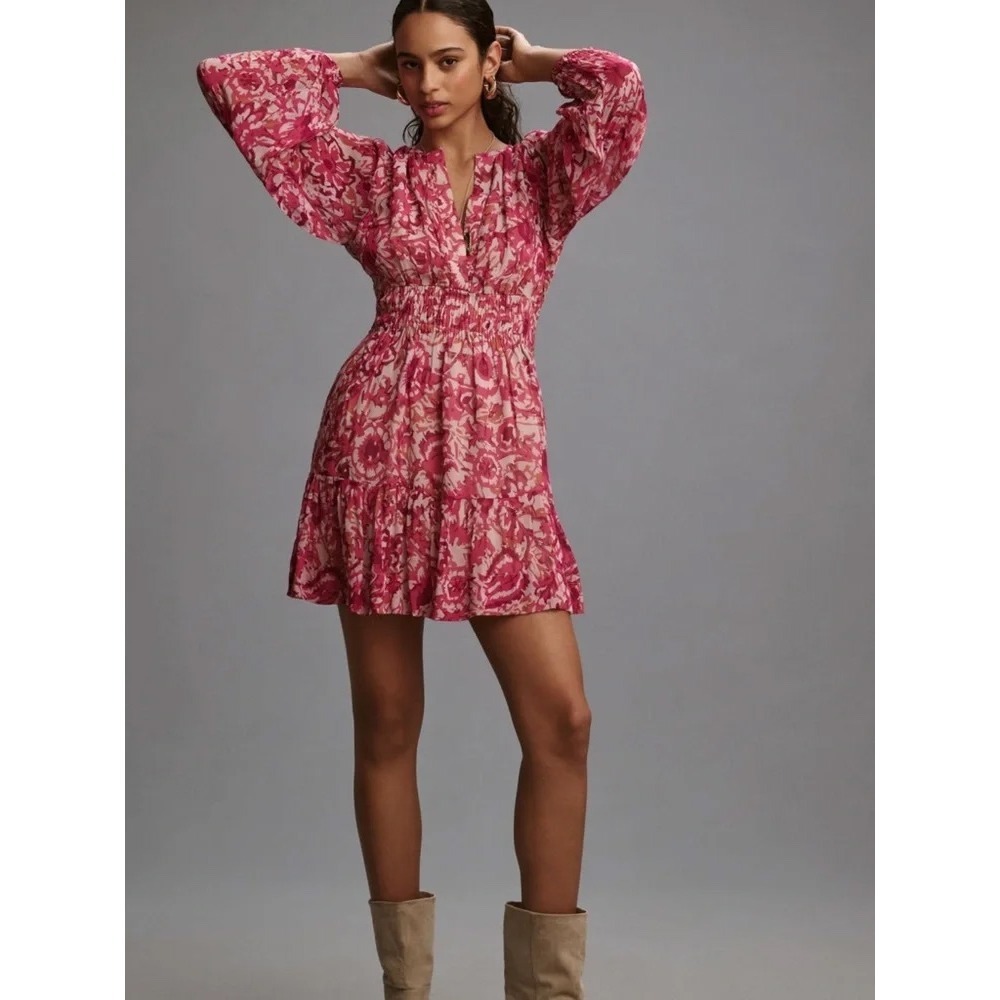 Anthropologie Somerset Pink Floral Smocked Boho Mini Dress Long Sleeve 3X